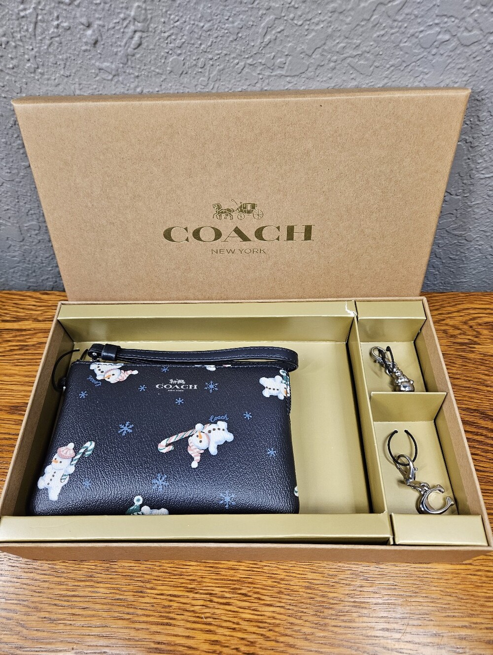 Coach Boxed Corner Zip Wristlet With Snowman Print